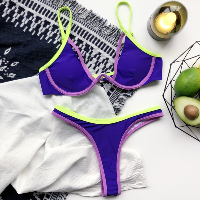 

Contrast Binding Underwire Bikini Swimsuit, Purple