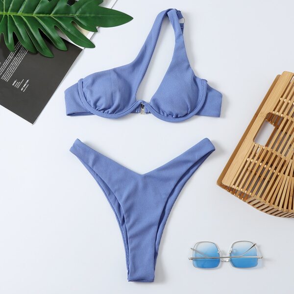 

Rib Underwire One Shoulder High Cut Bikini Swimsuit, Dusty blue
