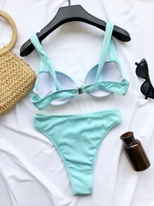 Rib Push Up High Waisted Bikini Set Summer Beach - Mint Blue - View 2