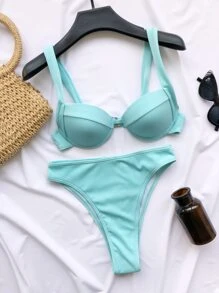 Rib Push Up High Waisted Bikini Set Summer Beach - Mint Blue - View 3