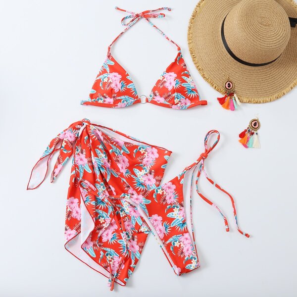 

3pack Floral Triangle Bikini Swimsuit & Beach Skirt, Multicolor