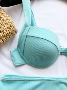 Rib Push Up High Waisted Bikini Set Summer Beach - Mint Blue - View 4