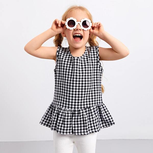 

Toddler Girls Ruffle Hem Gingham Tank Top, Black and white