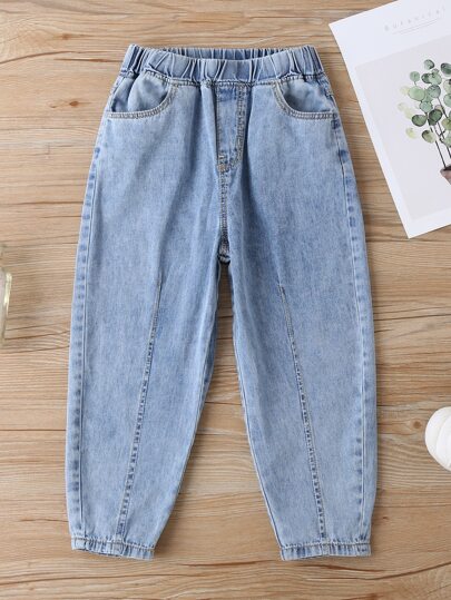 SHEIN Tween Girl Slant Pocket Elastic Waist Tapered Jeans Summer Holiday