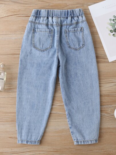 SHEIN Tween Girl Slant Pocket Elastic Waist Tapered Jeans Summer Holiday Autumn Fall