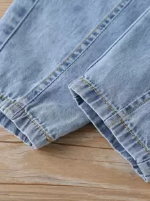 SHEIN Tween Girl 斜口袋弹性腰部锥形牛仔裤