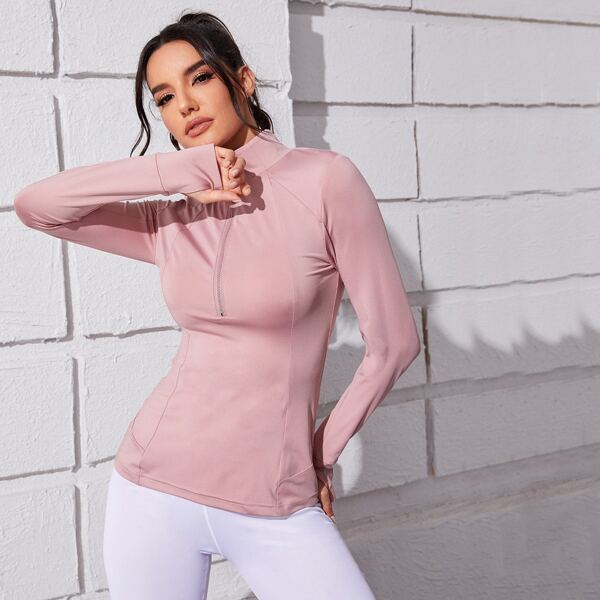 

Zip Half Sports Sweatshirt With Thumb Hole, Baby pink
