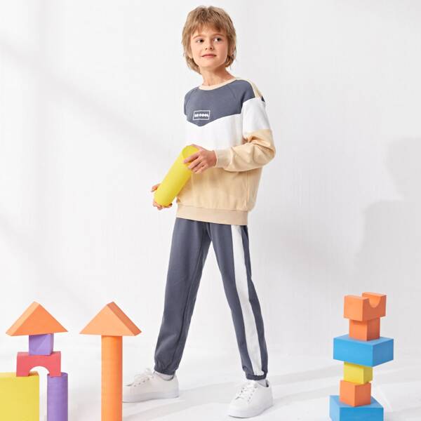

Boys Letter Graphic Color Block Pullover & Sweatpants Set, Multicolor