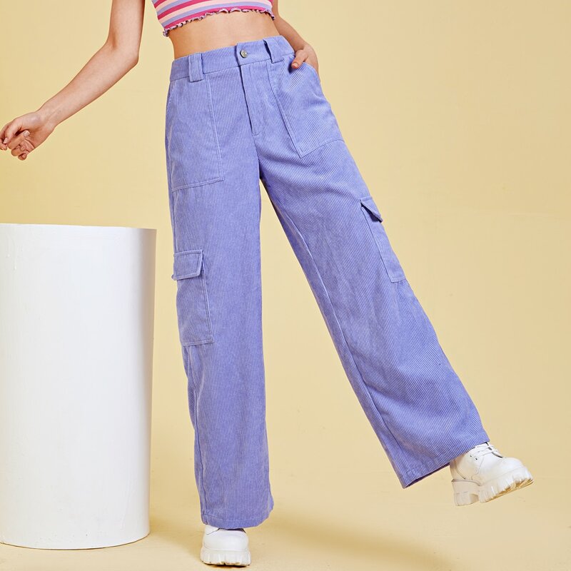 

Flap Pocket Solid Cargo Pants, Violet purple