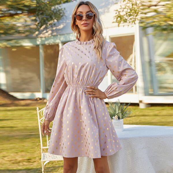 

Tie Back Ruffle Neck Polka Dot Dress, Baby pink
