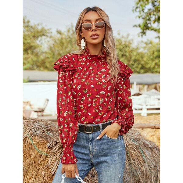

Ruffle Neck Allover Floral Blouse, Burgundy