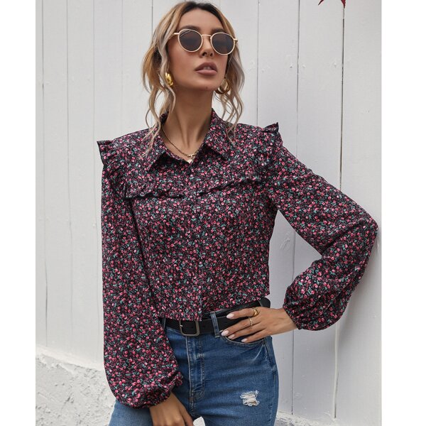 

Ditsy Floral Print Ruffle Trim Blouse, Multicolor