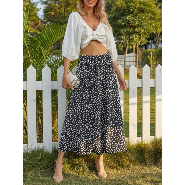 

Allover Print Elastic Waist Skirt, Black