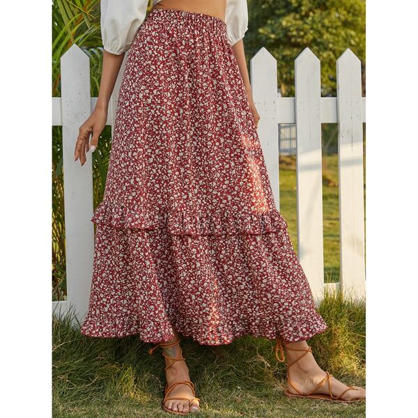 

Ditsy Floral Ruffle Trim Skirt, Burgundy