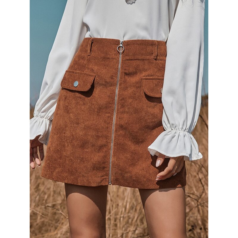 

O-ring Zip Up Corduroy Skirt, Rust brown