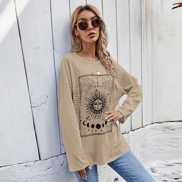 

Graphic Print Drop Shoulder Oversized Tee, Apricot