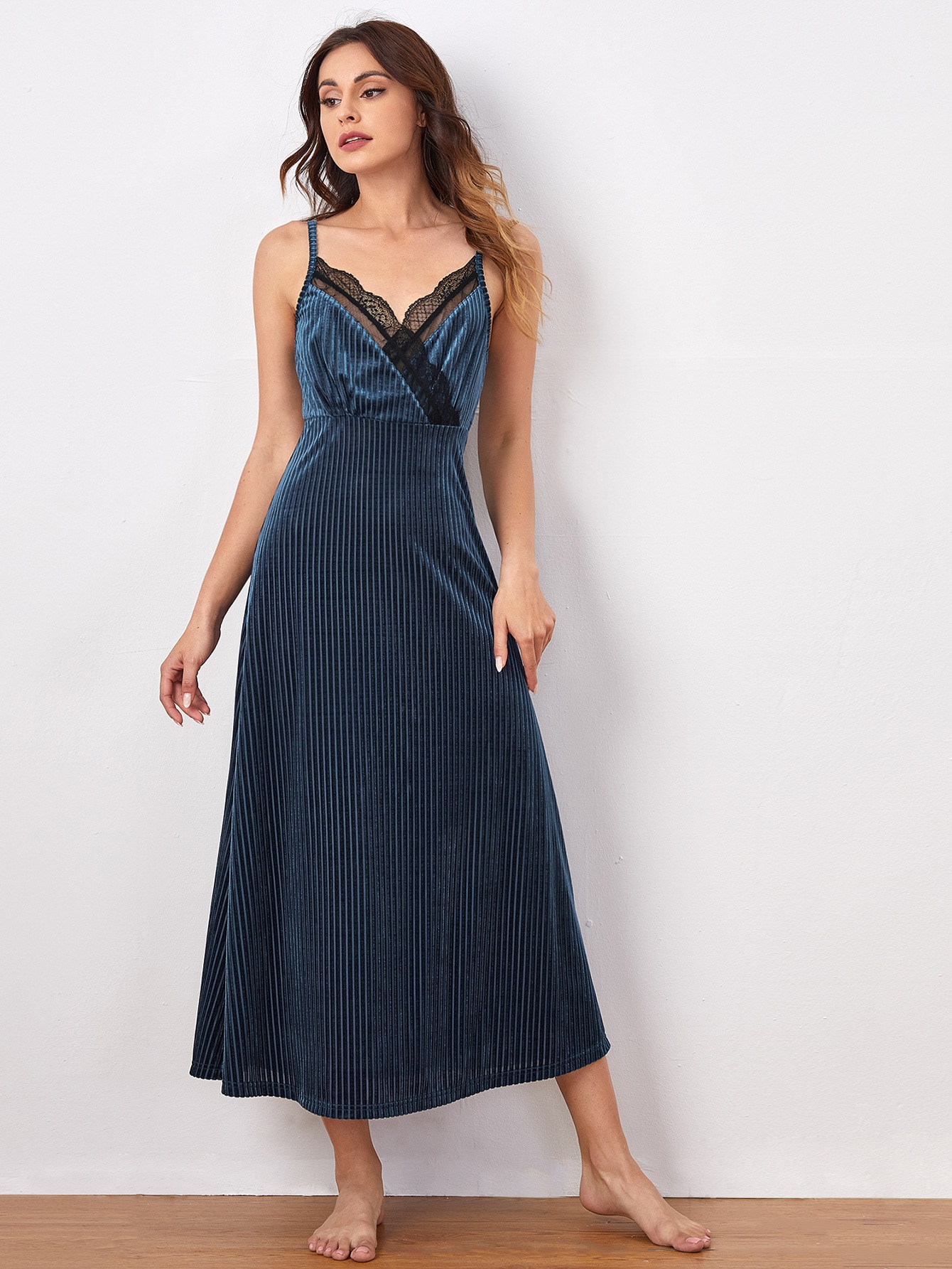 Lace Trim Rib-knit Velvet Slip Sleepdress thumbnail