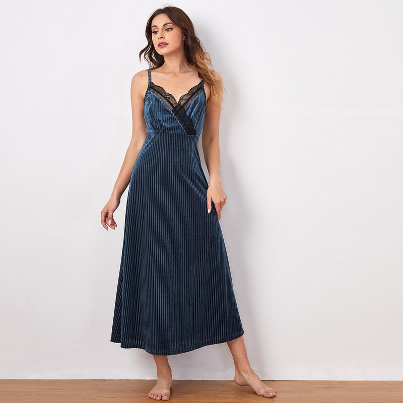

Lace Trim Rib-knit Velvet Slip Sleepdress, Navy blue