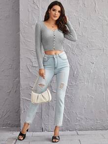 SHEIN EZwear 珍珠紐扣開襟羅紋針織開衫 - 薄荷綠 - 查看 3