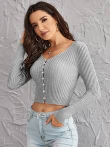 SHEIN EZwear 珍珠紐扣開襟羅紋針織開衫 - 薄荷綠 - 查看 5