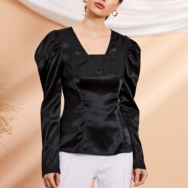 

Keyhole Neck Puff Sleeve Satin Top, Black
