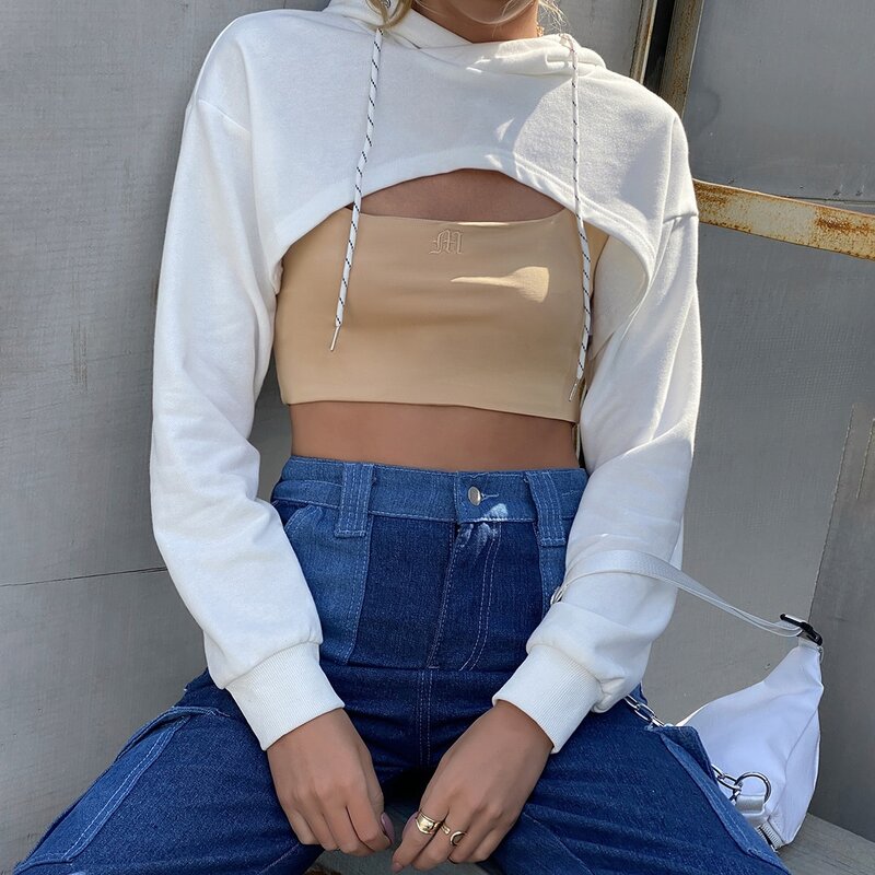 

Drawstring Super Crop Hoodie Without Camisole, White