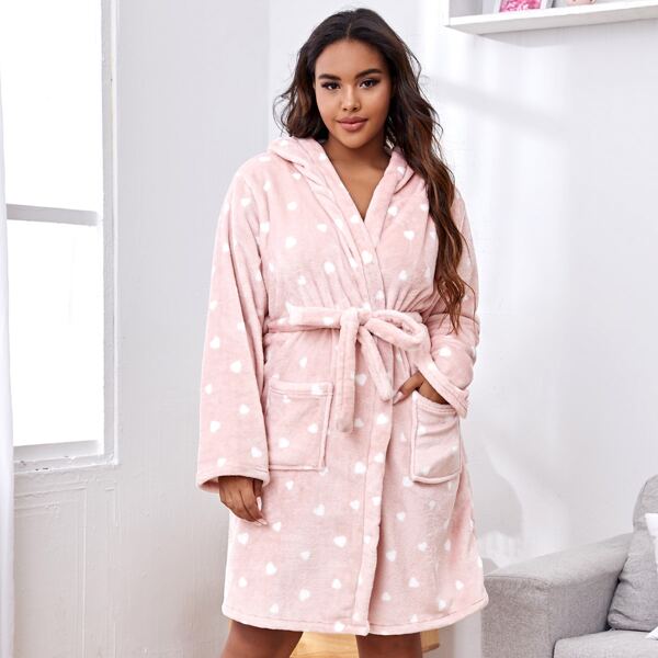 

Plus Heart Print Self Tie Hooded Flannel Robes, Baby pink