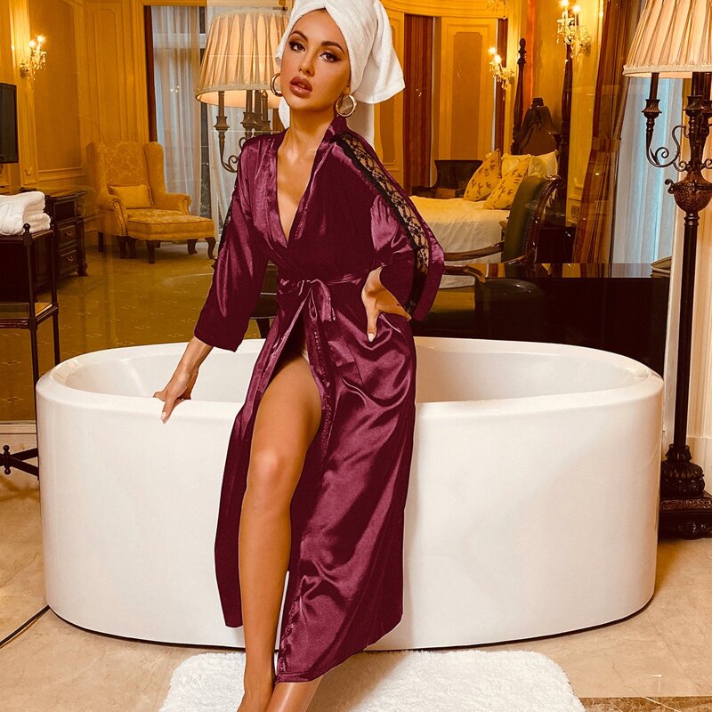 

Lace Insert Self Tie Satin Night Robe, Maroon