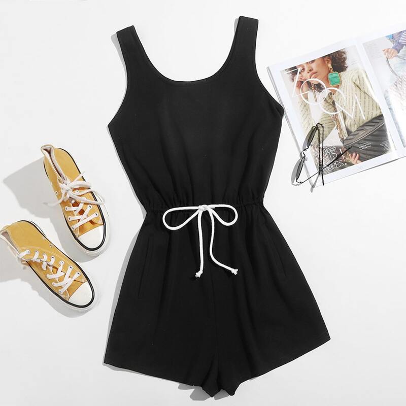 

Drawstring Waist Tank Romper, Black