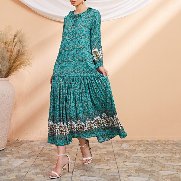 

Tie Front Floral Print Flounce Sleeve Dress, Green