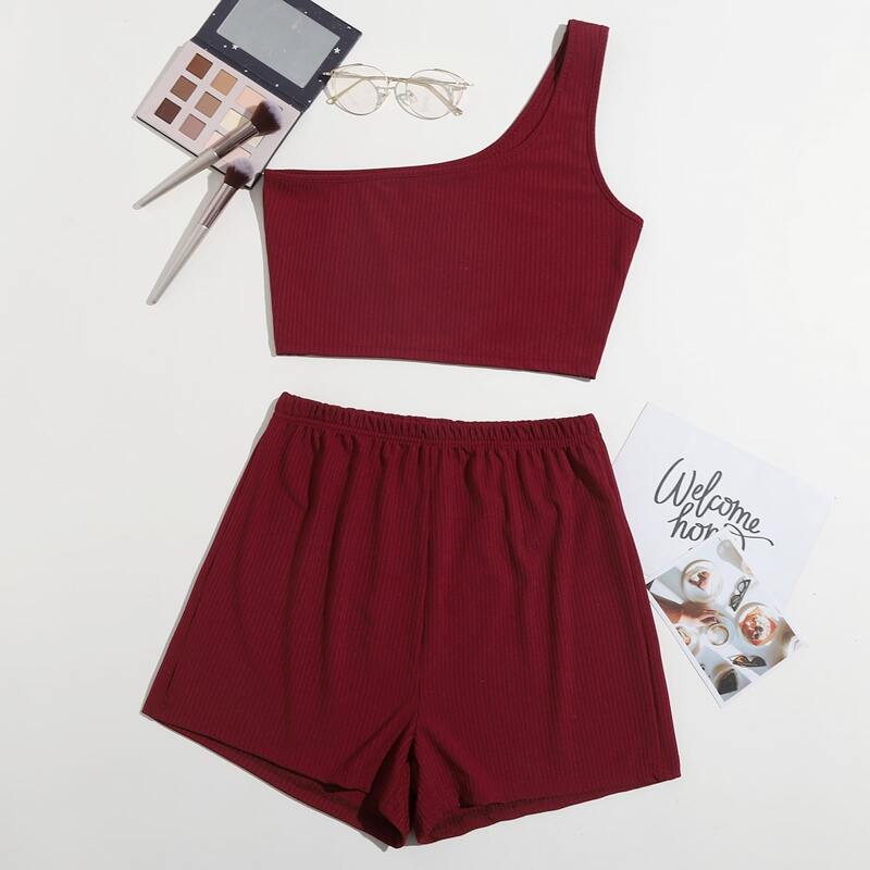 

One Shoulder Solid Lounge Set, Burgundy