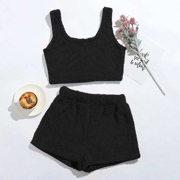 

Solid Flannel Tank Top & Shorts Lounge Set, Black