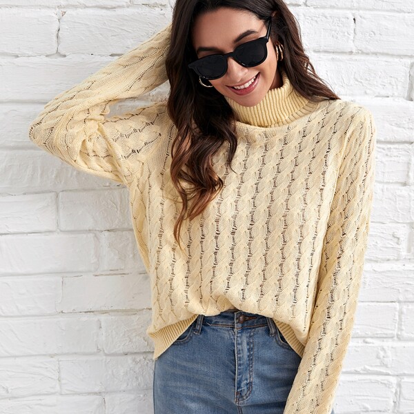 

Rolled Neck Cable Knit Sweater, Beige