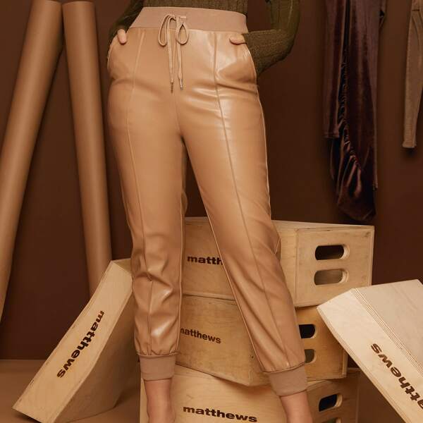 

Slant Pocket PU Leather Pants, Khaki