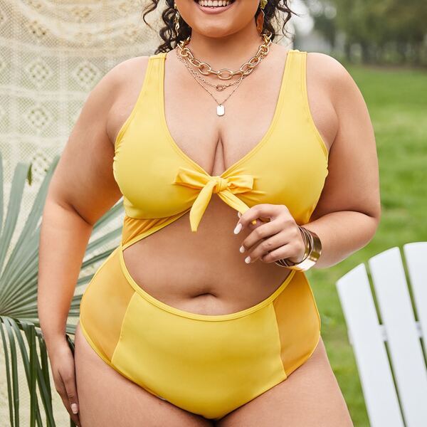 

Plus Cut-out Knot Front One Piece Swimsuit, Yellow