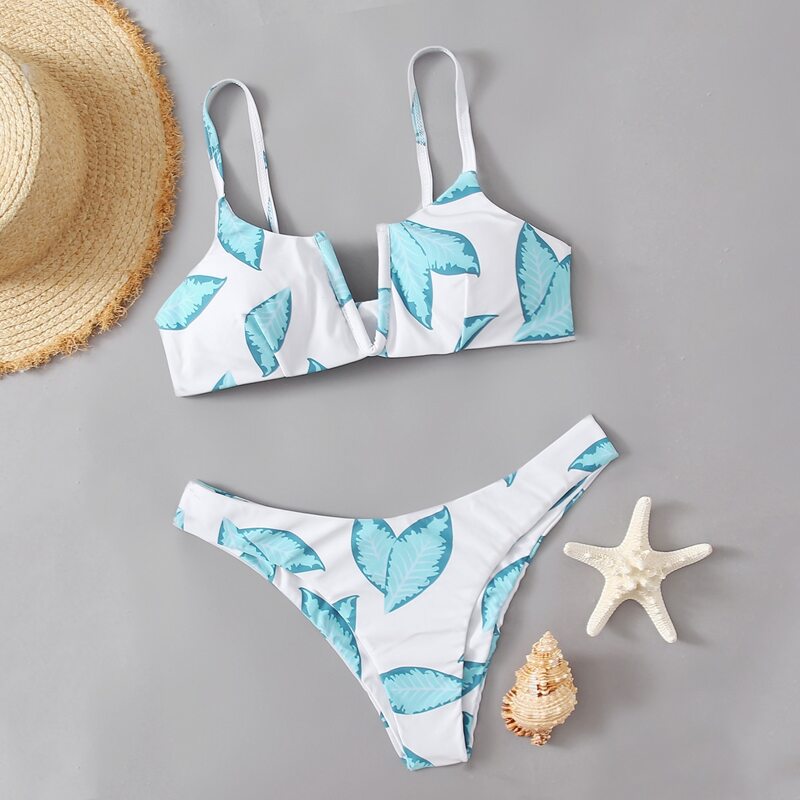 

Leaf Print V-wired Bikini Swimsuit, Multicolor