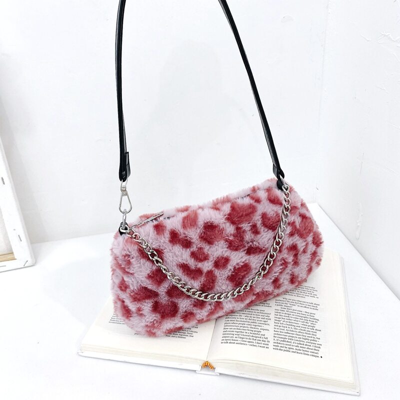 

Leopard Fluffy Chain Satchel Bag, Pink