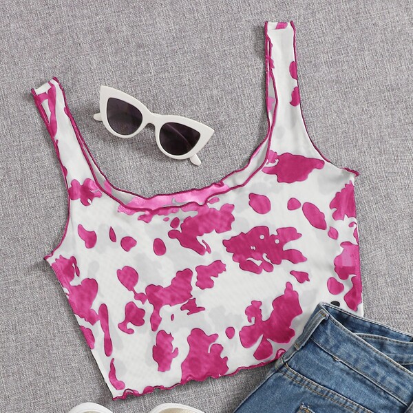 

Graphic Print Lettuce Trim Tank Top, Multicolor