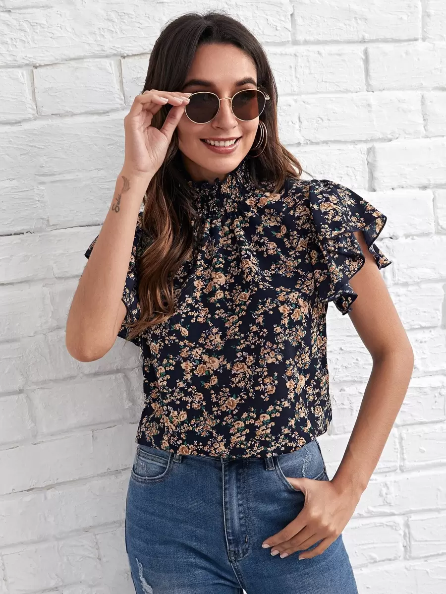 SHEIN Clasi Butterfly Sleeve Ditsy Floral Top - Multicolor - View 1