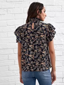 SHEIN Clasi Butterfly Sleeve Ditsy Floral Top - Multicolor - View 2