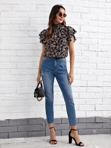 SHEIN Clasi Butterfly Sleeve Ditsy Floral Top - Multicolor - View 3