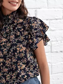 SHEIN Clasi Butterfly Sleeve Ditsy Floral Top - Multicolor - View 4