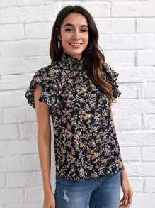 SHEIN Clasi Butterfly Sleeve Ditsy Floral Top - Multicolor - View 5