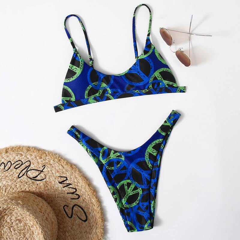 

Logo Print High Leg Bikini Swimsuit, Multicolor