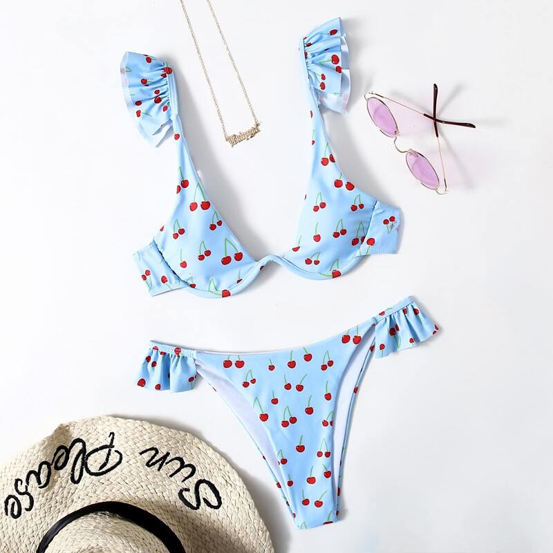 

Cherry Print Frill Trim Bikini Swimsuit, Baby blue