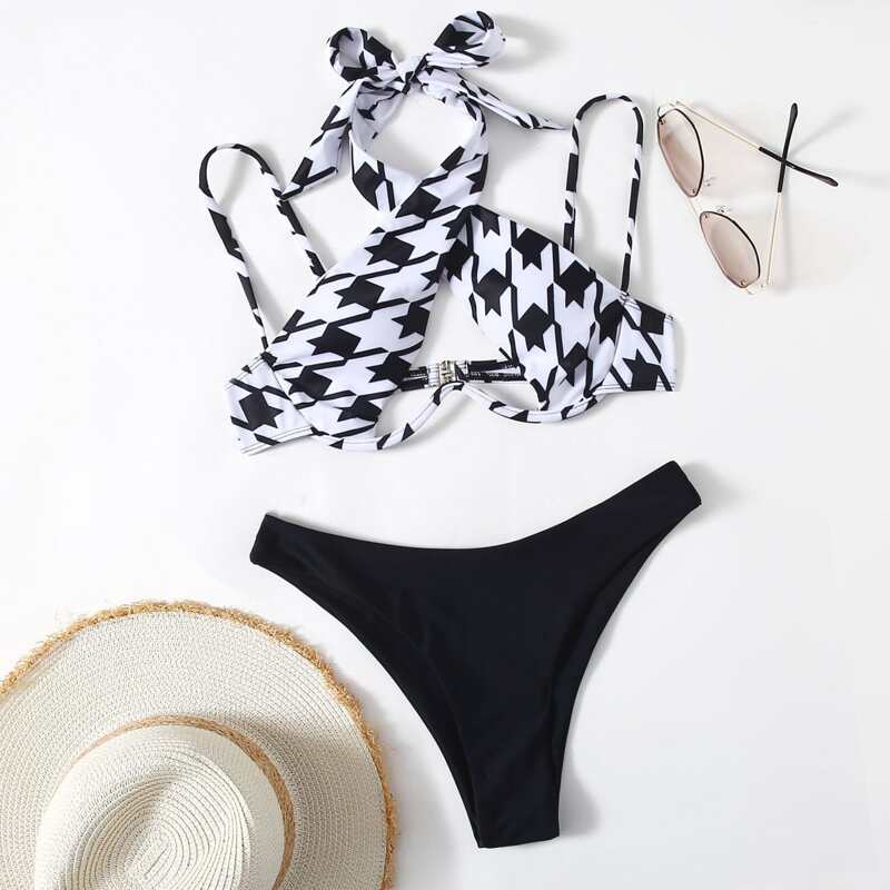 

Houndstooth Print Underwire Bikini Swimsuit, Black and white