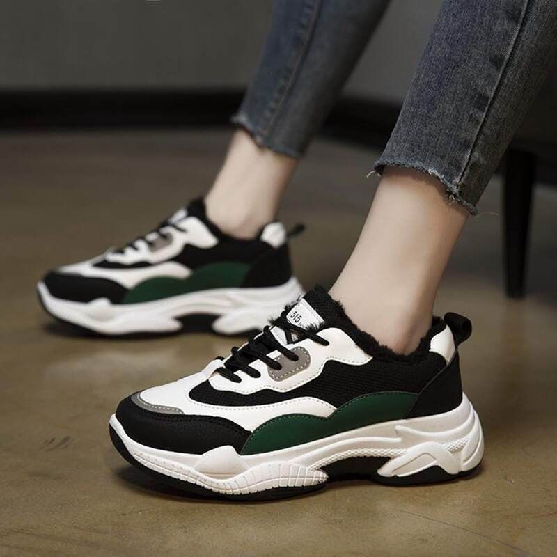 

Colorblock Lace-up Plush Chunky Sneakers, Green
