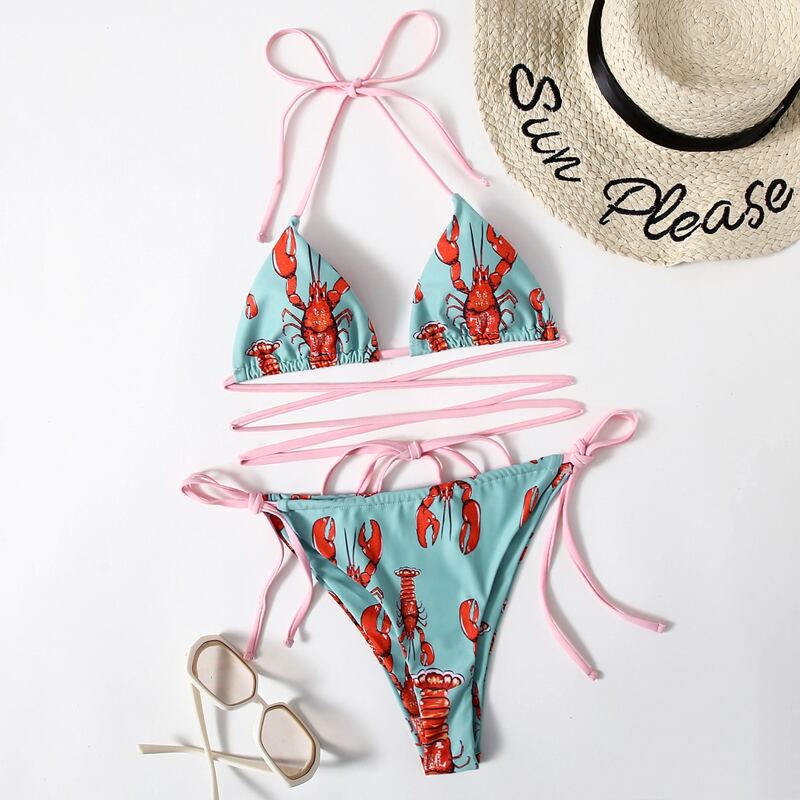 

Random Lobster Print Crisscross Bikini Swimsuit, Multicolor