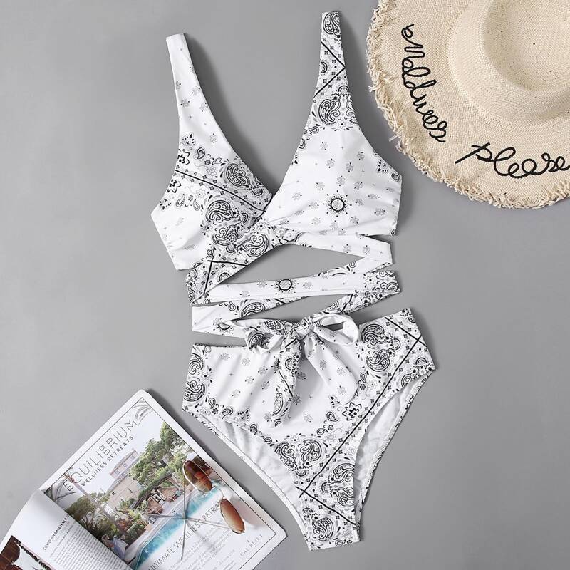 

Paisley Print Wrap Crisscross Bikini Swimsuit, White