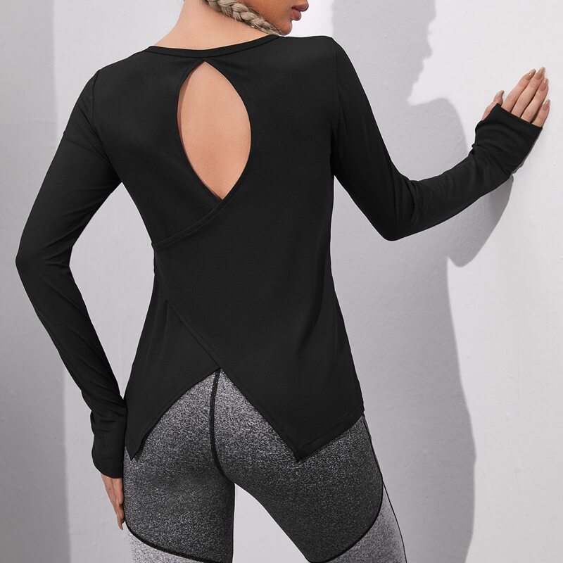 

Cut Out Back Sports Tee With Thumb Holes, Black
